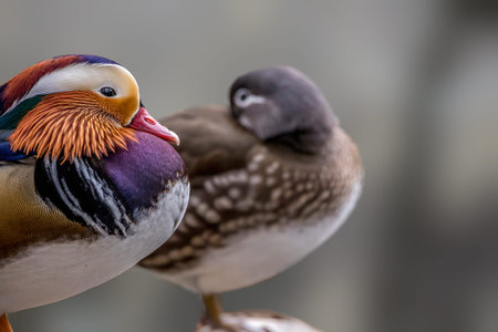 Beautiful mandarin duck couple standing on a tree in a little pond called Jacobiweiher not far away from Frankfurt, Germany at a cold day in winter.の写真素材