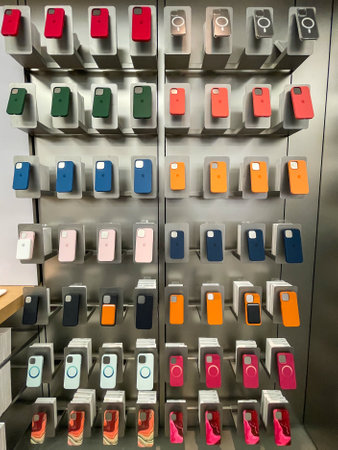 Cologne, Germany - September 02nd 2021: A german photographer comparing accessories as phone cases for the new iPhone 12 as well as iPhone 12 Pro in an Apple Store.のeditorial素材