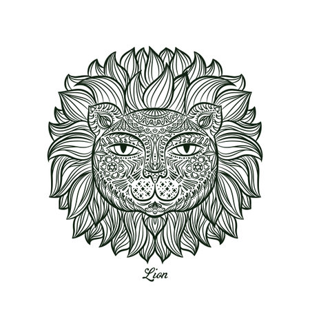 Image of a lion head on a white background. Can be used for logo, tattoo, horoscopes, T-shirt graphic, etc.のイラスト素材