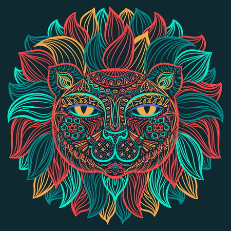 Color image of a lion head on a dark background. Can be used for logo, tattoo, horoscopes, T-shirt graphic, etc.のイラスト素材