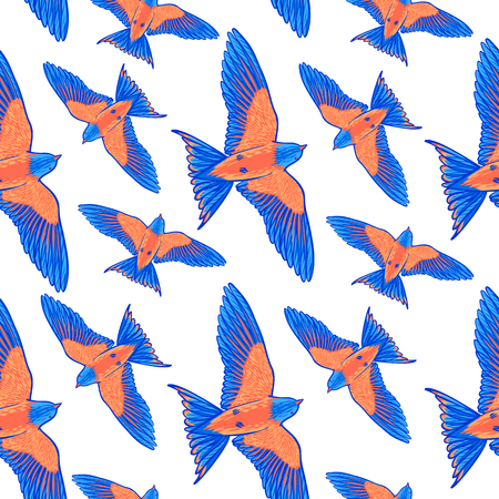 Seamless pattern. Blue tropical bird on a white background. bird of paradise. Hand drawn brush stroke elements. Vectorのイラスト素材