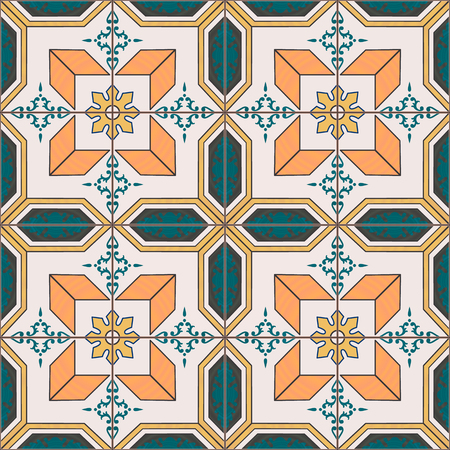 Seamless pattern of mediterranean style tiles. Green and peach colors.のイラスト素材