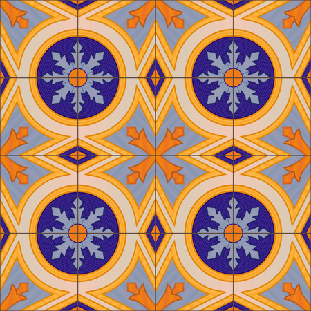 Seamless pattern with Portuguese tiles. Realistic vector illustration of Azulejo. Mediterranean style. Blue and yellow colors.のイラスト素材