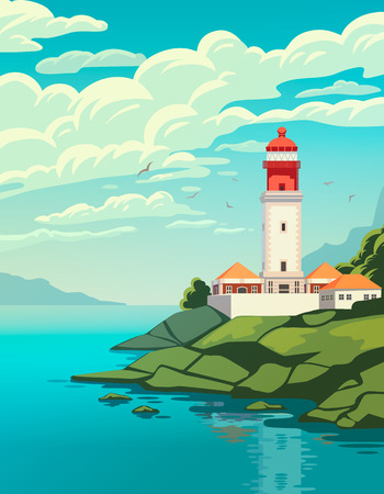 Lighthouse on coast of sea, structure of lighthouse on shore. Summer holidays. Cape Rock. High quality vector illustration.のイラスト素材