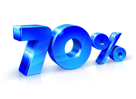 Glossy blue 70 Seventy % percent off, sale. Isolated on white background, 3D object. Vector illustration.のイラスト素材