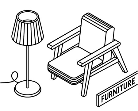 Isometric outline furniture. 3D line drawn isometric armchair and floor lamp. white background. Vector illustration.のイラスト素材