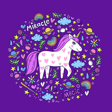 Cute handdrawn unicorn. Unicorn and magic stuff. Miracle and magic creature. Vector illustration.のイラスト素材