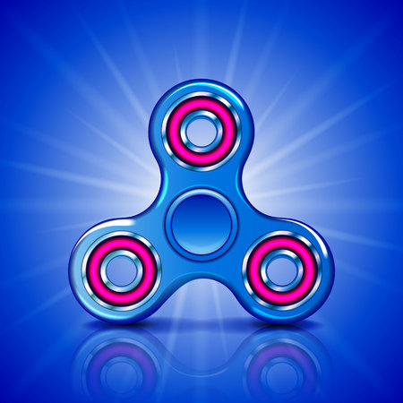 Realistic fidget spinner. Stress relieving toy. Trendy hand spinning machine. Hand spinner on a bright background. Blue fidget spinner toy. Vector illustration. Vector illustration.のイラスト素材