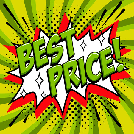 Best price - Comic book style word on a green background. Best price comic text speech bubble. Banner in pop art comic style. Color summer banner in pop art style Ideal for web. Decorative background with bomb explosive. Vector illustration.のイラスト素材