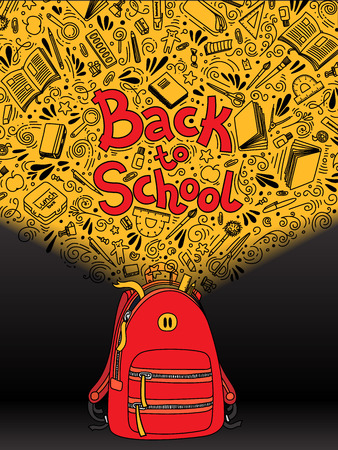 Stationery collection. Outline style. Back to school thin line doodle illustration template isolated on dark . Sketchy backpack with stationery for graphic design, web banner and printed materials. Back to school. Writing materials illustrationのイラスト素材