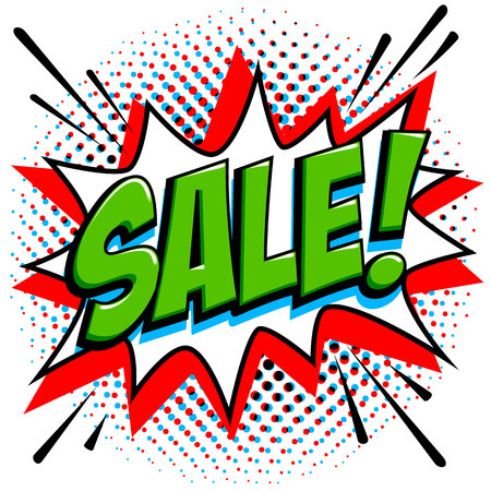 Comics style sale tag. Green sale web banner. Pop art comic sale discount promotion banner. Big sale background. Decorative background with bomb explosive. Comics pop-art style bang shape on halftone background. Ideal for web banners. Vector illustration.のイラスト素材