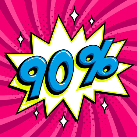 Purple sale web banner. Pop art comic sale discount promotion banner. Big sale background. Sale ninety persent 90 off on a Comics pop-art style bang shape on Purple twisted background. Seasonal discounts, Black Friday, the interest rate, etc. Vector illusのイラスト素材