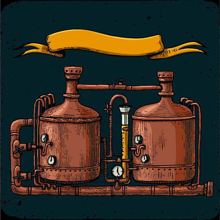 Retro brewery engraving. Copper tanks and barrels in brewery beer.のイラスト素材