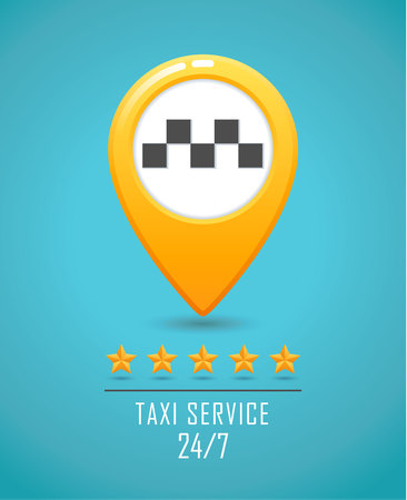 Taxi service banner. Yellow taxi icon. Yellow Map pin with taxi car sign on blue background. Vector illustrationのイラスト素材