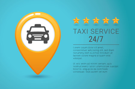 Taxi service banner template. Yellow taxi icon. Yellow Map pin with taxi car sign on blue background. Vector illustrationの写真素材