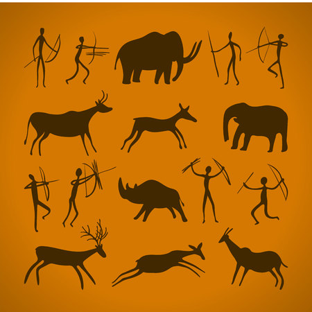Hand-drawn pattern of cave drawings. ancient petroglyphs. Vector illustration.のイラスト素材