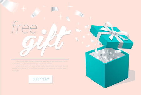 Promo Banner With Open Gift Box And Silver Confetti Turquoise