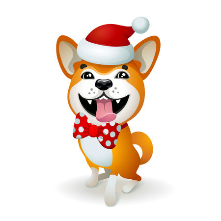 Akita inu. Japanese dog. Christmas poster with yellow dog portrait in red Santa's hat and red bow. Vector illustration.のイラスト素材