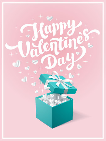 Valentines Day greeting card. Happy Valentines day text and Gift box in Robin egg blue color with silver confetti hearts on pink background. Vector illustrationのイラスト素材