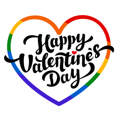 Lgbt community Happy Valentines Day greeting card . 14th of february. Rainbow heart and Happy Valentines Day lettering on white background. Vector illustration.のイラスト素材
