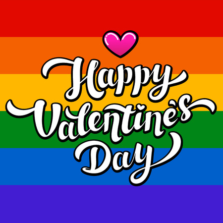 Happy Valentines Day lettering on rainbow background. Lgbt community Valentines Day greeting card. 14th of february. Vector illustration.のイラスト素材