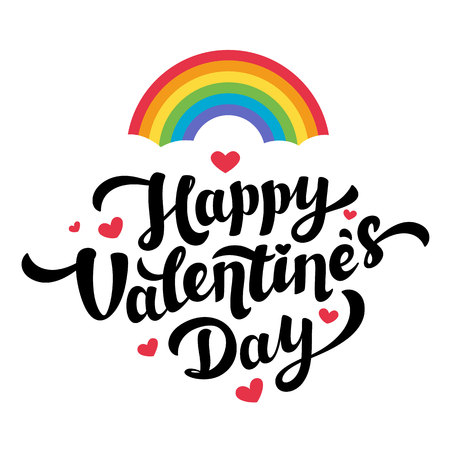 Lgbt community Happy Valentine's day greeting card. Rainbow, heart and Happy Valentine's Day lettering on white background vector illustration.のイラスト素材