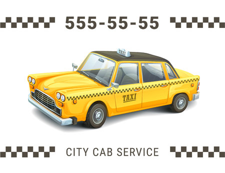 Taxi service design. Detailed illustration of yellow taxi car on white background. Banner, poster business card or flyer. Vector illustrationのイラスト素材
