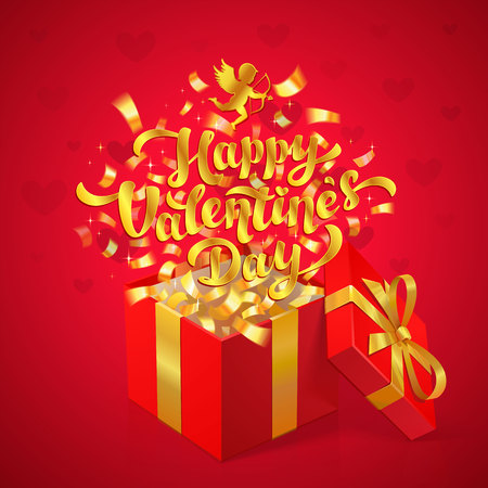 Sant Valentines Day greeting design. Gold Happy Valentines day lettering and cupid with red Gift box and gold confetti on red background. Vector illustrationのイラスト素材