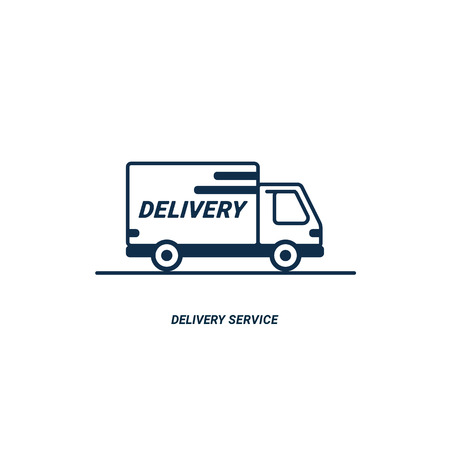 Line icon- delivery. Van outline icon on white background. Delivery service. Delivery by car or truck. Parcels Express delivery service by car. Line style design truck icon. Vector illustrationのイラスト素材