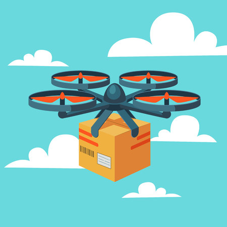 Drone delivery service. Remote air drone with parcel. Modern delivery of the package by flying quadcopter. Flat style concept. vector illustrationのイラスト素材
