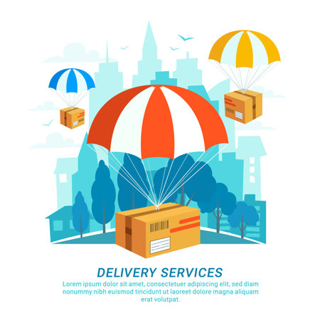 Delivery service concept in flat design, packages with parachutes on urban landscape.のイラスト素材
