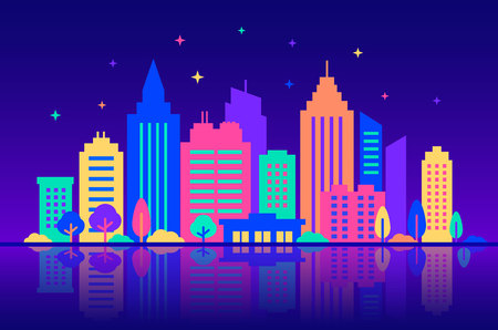 Night city. Silhouettes of buildings with neon glow and vivid colors at night. City landscape template. Flat style illustration in neon vivid colors. Cityscape background, Urban life. Vector illustration.のイラスト素材
