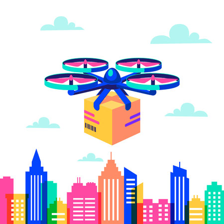 A Drone over city landscape. Remote air drone with parcel over Silhouettes of buildings with neon glow and vivid colors.のイラスト素材