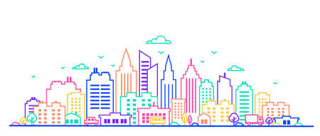 City landscape. Thin line City landscape in neon glow vivid colors.. Downtown landscape with high skyscrapers. Panorama architecture Goverment buildings Isolated outline illustration. Urban life Vector illustrationのイラスト素材
