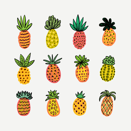 Set of cute sunny pineapples. Hand drawn Decorative Pinapple with different textures in warm colors, yellow, red, orange green. Exotic fruits on light background. Summer background Vector illustrationのイラスト素材