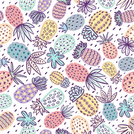 A Seamless pineapple pattern. Handdrawn Pinapple with different textures in pastel colors. Exotic...