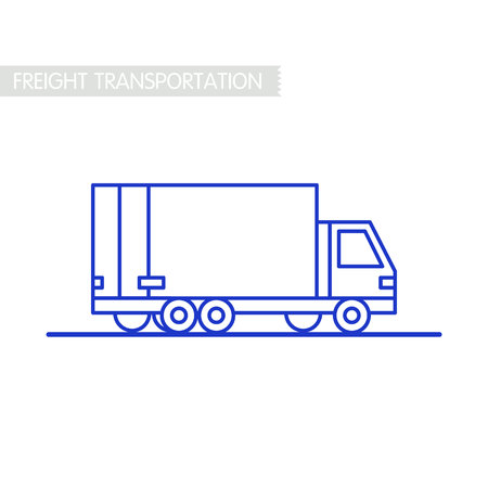 Freight transportation concept, delivery service truck. Outline on white, shipping by car or truck. Line icon delivery, van outline icon on white background, logistic vector illustration.のイラスト素材