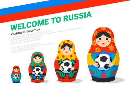 Russian Matrioshka banner template. Russia symbol with soccer ball, Russian flag and welcome to Russia text. Traditional nesting doll Matreshka with football ball on light background. Vectorのイラスト素材