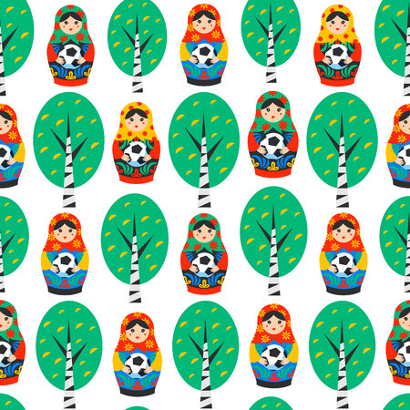 Seamles pattern with Russian Matrioshka, birch and football ball in flat style. Russia symbol with soccer ball. Traditional nesting doll Matreshka with football ball on white background. Vectorのイラスト素材