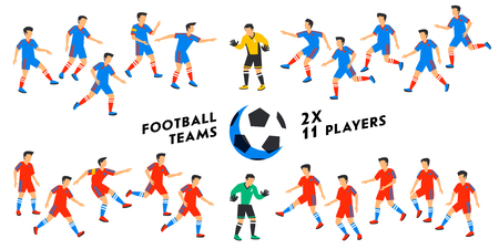 Football team set. Two full Football teams, 11 players. Soccer players on different positions playing football. Spectacular sport. Colorful flat style illustration. vector illustration Soccer players set. Football cup. Vector illustrationのイラスト素材