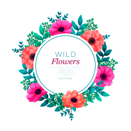 Floral circle frame. Tropical flowers trendy template. Summer Design with beautiful flowers and leaves with copy space on white background. Invitations, wedding or greeting cards. Vector illustration.のイラスト素材