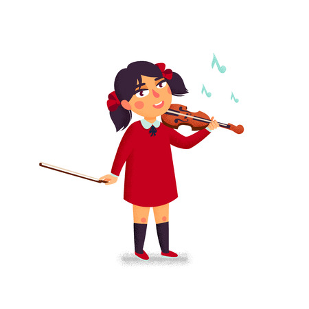 Music school. Violinist. Boy character playing violin. Children with musical instruments. Vector flat cartoon illustration with grain texture on white backgroundのイラスト素材