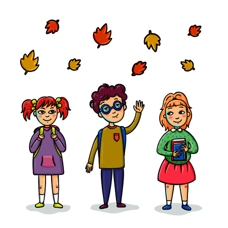 Group of pupils standing together with books and backpacks. Set of pupils. Back to school concept. Cartoon Vector illustration.のイラスト素材
