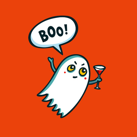 Halloween monster. Cute ghost with cocktail and boo speech bubble on orange background. Cartoon Vector illustrationのイラスト素材