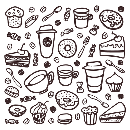 Monochrome Coffee set. Doodle style set of coffee tableware and sweet snacks. Exellent for menu design and cafe decoration. collection of coffee tableware and snacks. Cartoon style vector illustrationのイラスト素材