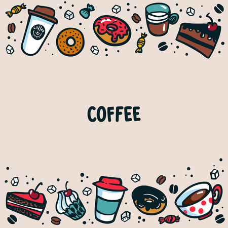 Coffee template. Colorful doodle style coffee cups, pastry and cakes on light background with copy space. Exellent for menu design and cafe decoration. Cartoon vector illustrationのイラスト素材