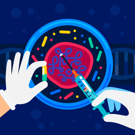 genome sequencing concept. Nanotechnology and biochemistry laboratory. The hands of a scientist working with a cell, genome or gene structure. Human genome project. Flat style vector illustrationのイラスト素材