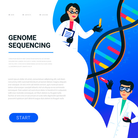 Genome sequencing concept. Scientists working in nanotechnology or biochemistry laboratory. Molecule helix of dna, genome or gene structure. Human genome project. Flat style vector illustration.のイラスト素材