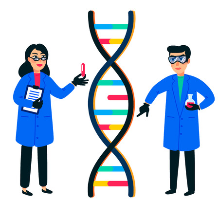 Human genome research. Scientist working with a dna helix, genome or gene structure. Human genome project. Flat style vector illustrationのイラスト素材