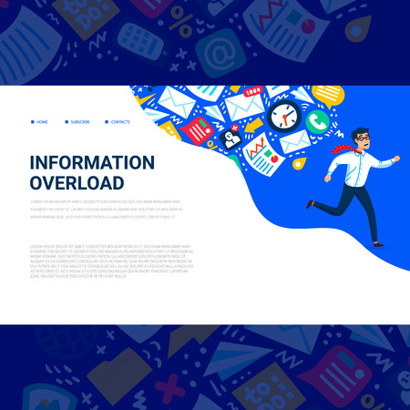 Information overload concept. Horizontal template with Young man running away from information stream pursuing him. Usable for web banner, articles, infographics. Colorful vector flat illustrationのイラスト素材
